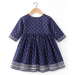 Babyhug Cambric Three Fourth Sleeve Overlap Ethnic Dress Block Printed & Embroidered - Indigo