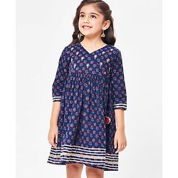 Babyhug Cambric Three Fourth Sleeve Overlap Ethnic Dress Block Printed & Embroidered - Indigo