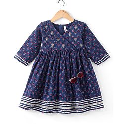 Babyhug Cambric Three Fourth Sleeve Overlap Ethnic Dress Block Printed & Embroidered - Indigo