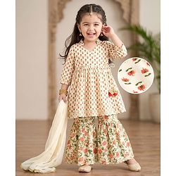 Babyhug Cotton Woven Three Fourth Sleeves Floral Printed Kurti Gharara Set with Dupatta & Lace Detailing - Off White