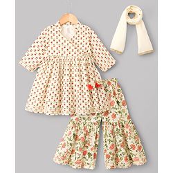 Babyhug Cotton Woven Three Fourth Sleeves Floral Printed Kurti Gharara Set with Dupatta & Lace Detailing - Off White