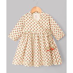 Babyhug Cotton Woven Three Fourth Sleeves Floral Printed Kurti Gharara Set with Dupatta & Lace Detailing - Off White