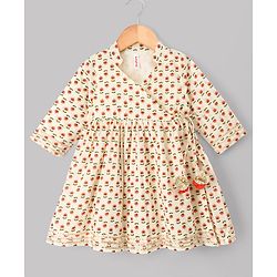 Babyhug Cotton Woven Three Fourth Sleeves Floral Printed Kurti Gharara Set with Dupatta & Lace Detailing - Off White