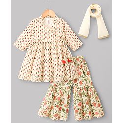 Babyhug Cotton Woven Three Fourth Sleeves Floral Printed Kurti Gharara Set with Dupatta & Lace Detailing - Off White