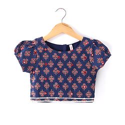 Babyhug 100% Cotton Woven Short Sleeves with Floral Print Lehenga Choli With Mirror Embroidery and Dupatta Set- Navy Blue