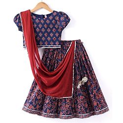 Babyhug 100% Cotton Woven Short Sleeves with Floral Print Lehenga Choli With Mirror Embroidery and Dupatta Set- Navy Blue