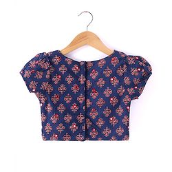 Babyhug 100% Cotton Woven Short Sleeves with Floral Print Lehenga Choli With Mirror Embroidery and Dupatta Set- Navy Blue