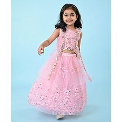 Babyhug Woven Sleeveless Sequenced Embroidered Choli With Lehenga and Jacket Set - Pink