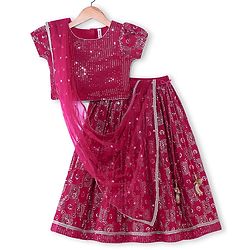 Babyhug Short Sleeves Sequence & Embroidered Lehenga Choli with Dupatta Set - Pink