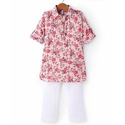 Babyhug Cotton Flex Full Sleeves Pathani Kurta With Pyjama Set Floral Print - Off White