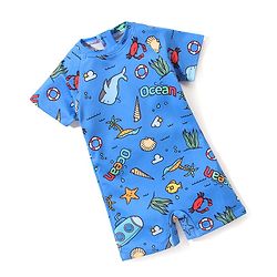 Babyhug Half Sleeves Legged Swimsuit  Sea Life Theme Print - Blue