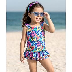 Babyhug Flutter  Sleeves Frock Swimsuit Floral Print - Navy Blue