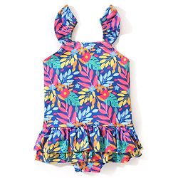 Babyhug Flutter  Sleeves Frock Swimsuit Floral Print - Navy Blue