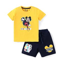 Babyhug Disney Cotton Knit Half Sleeves T-Shirt & Shorts Set With Mickey Mouse Graphics - Yellow