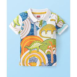 Babyhug Cotton Knit Half Sleeves Polo T-Shirt Dino Print - White