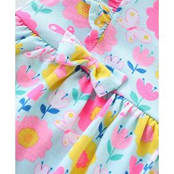 Babyhug 100% Cotton Knit Sleeveless Frock Style Onesie with Floral Print - Multicolour