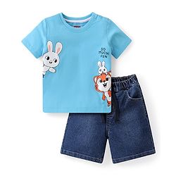 Babyhug Single Jersey Knit Half Sleeves T-Shirt & Denim Shorts Set with Bunny Print  Blue