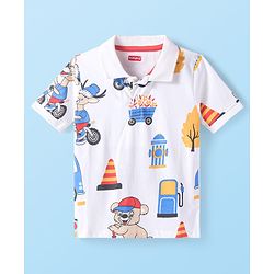 Babyhug 100% Cotton Knit Half Sleeves Polo T-Shirt With Bus Print - White Blue & Yellow
