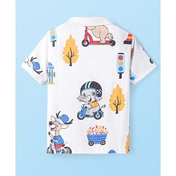 Babyhug 100% Cotton Knit Half Sleeves Polo T-Shirt With Bus Print - White Blue & Yellow