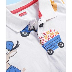 Babyhug 100% Cotton Knit Half Sleeves Polo T-Shirt With Bus Print - White Blue & Yellow