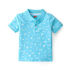Babyhug 100% Cotton Knit Half Sleeves Polo T-Shirt With Beach Theme Print - Blue