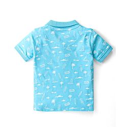 Babyhug 100% Cotton Knit Half Sleeves Polo T-Shirt With Beach Theme Print - Blue