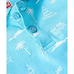 Babyhug 100% Cotton Knit Half Sleeves Polo T-Shirt With Beach Theme Print - Blue