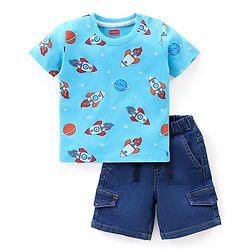 Babyhug Single Jersey Knit Half Sleeves T-Shirt & Denim Shorts Set with Rocket Print - Blue