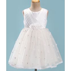 Babyhug Woven Sleeveless Fit and Flare Party Frock with Floral 3D Applique -Off White