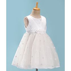 Babyhug Woven Sleeveless Fit and Flare Party Frock with Floral 3D Applique -Off White