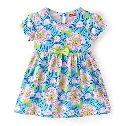 Babyhug Single Jersey Knit Half Sleeves Frocks with Floral Print & Bow Applique  - Blue