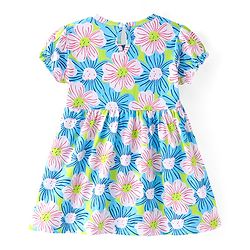 Babyhug Single Jersey Knit Half Sleeves Frocks with Floral Print & Bow Applique  - Blue