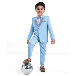 Babyhug Full Sleeves Sequined Party Suit with Waistcoat & Bow - Sky Blue