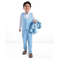 Babyhug Full Sleeves Sequined Party Suit with Waistcoat & Bow - Sky Blue