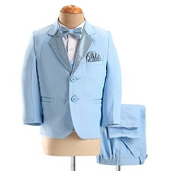Babyhug Full Sleeves Sequined Party Suit with Waistcoat & Bow - Sky Blue