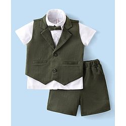 Babyhug Knit Half Sleeves Solid Color Waistcoat Set with Shirt & Bow - Green