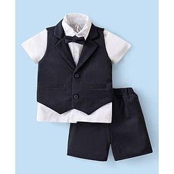 Babyhug Kint Half Sleeves Solid Color Waistcoat Set with Shirt & Bow - Navy Blue