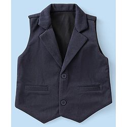 Babyhug Kint Half Sleeves Solid Color Waistcoat Set with Shirt & Bow - Navy Blue