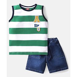 Babyhug Cotton Knit Single Jersey Sleeveless T-Shirt & Denim Shorts With Striped & Letter Patch - Green White & Blue
