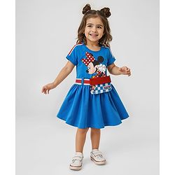 Babyhug Disney Cotton Half Sleeves Frock with Fanny Pack & Minnie Mouse Print - Blue