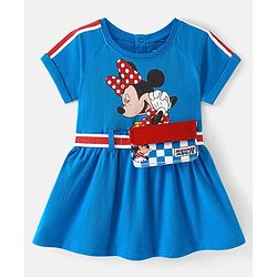 Babyhug Disney Cotton Half Sleeves Frock with Fanny Pack & Minnie Mouse Print - Blue