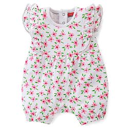 Babyhug 100% Cotton Knit Frill Sleeves Floral Printed Romper with Headband - White