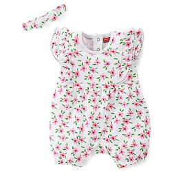 Babyhug 100% Cotton Knit Frill Sleeves Floral Printed Romper with Headband - White