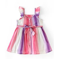 Babyhug Cotton Woven Frill Sleeves Frock with Striped Designs - Multicolour