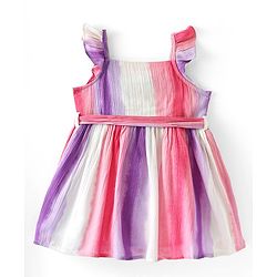 Babyhug Cotton Woven Frill Sleeves Frock with Striped Designs - Multicolour