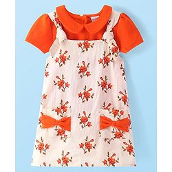 Babyhug Cotton Woven Floral Printed Frock with Half Sleeves Inner T-Shirt Bow Applique & Pockets - Orange & White