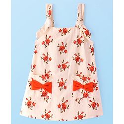 Babyhug Cotton Woven Floral Printed Frock with Half Sleeves Inner T-Shirt Bow Applique & Pockets - Orange & White