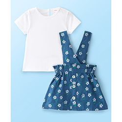 Babyhug Cotton Knit Floral Printed Frock With Half Sleeves Inner T-Shirt - White & Blue