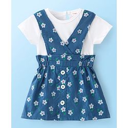 Babyhug Cotton Knit Floral Printed Frock With Half Sleeves Inner T-Shirt - White & Blue