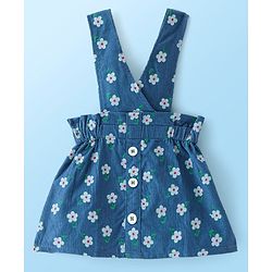 Babyhug Cotton Knit Floral Printed Frock With Half Sleeves Inner T-Shirt - White & Blue